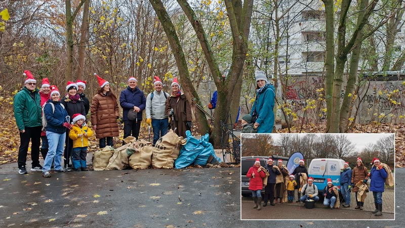 Generationenübergreifendes Engagement der lokalen Rotarier: Müllsammeln am Sportplatz Horrem
