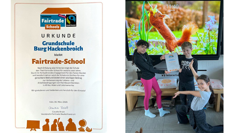 Stolz präsentieren jungen Schülerinnen und Schüler die Rezertifizierungs-Urkunde