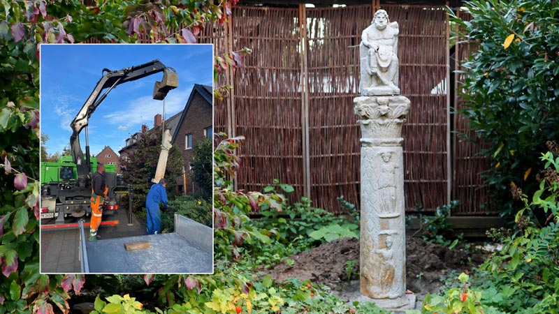 Die Kopie der Jupitersäule wurde in einem Vorgarten an der Bismarckstraße aufgestellt