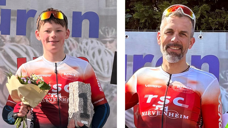 Constantin Klein (li.) und Martin Ritterbach fuhren beim Rennen „Rund um Düren‑Merken“ jeweils als Sieger über die Ziellinie