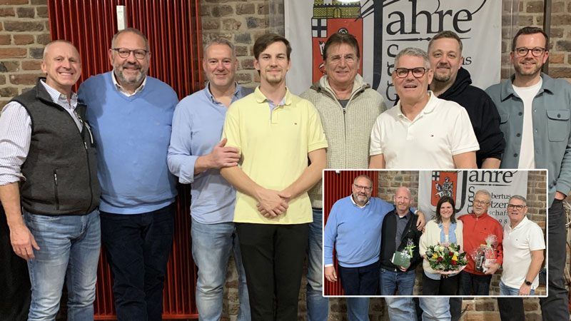 Josef Nalewaja, Harald Rasselnberg, Andreas Mahlmann, Julian Woock, Wolfgang Bilk, Ludger Haskamp, Sebastian Aßmann und Alexander Einfeldt bilden den Vorstand der Zonser Schützen<br>Kleines Foto: Christian Neumann, Stephanie Meyer und Wilfried Wolter (2.3.4. v. l.) werden verabschiedet