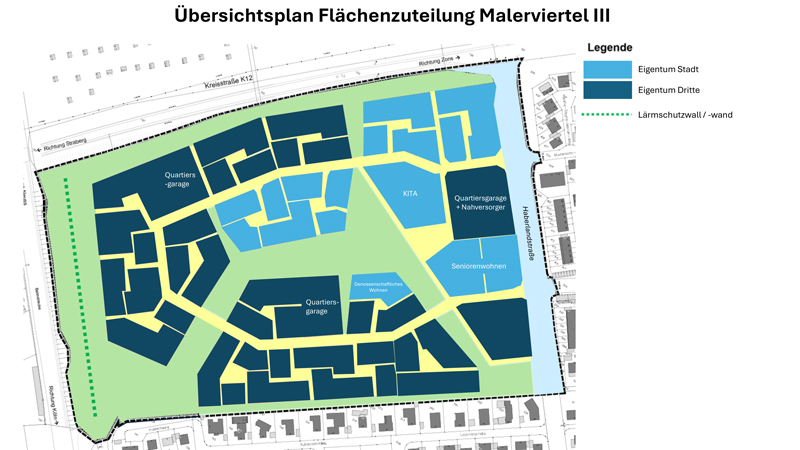 Der Übersichtsplan zeigt die Flächenzuteilung im Neubaugebiet Malerviertel III