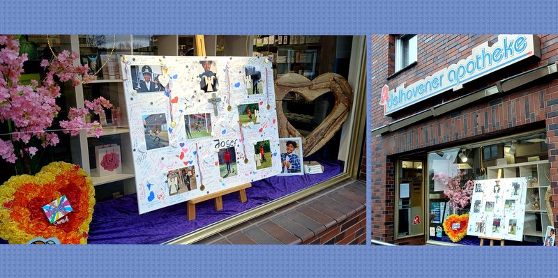 Gedenken an Yosef im Schaufenster der Delhovener Apotheke