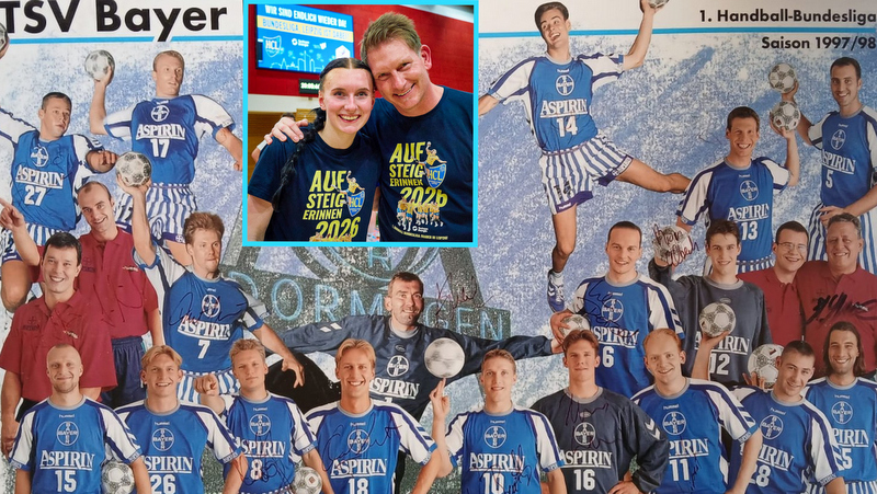 Lars Lammich auf dem Mannschaftsfoto des TSV Bayer Dormagen (Saison 1997/98, unten, 2. von links) und mit seiner Tochter Lisa﻿ (kleines Foto)